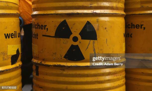 Nuclear symbols are seen during a demonstration against nuclear weapons on November 18, 2017 in Berlin, Germany. About 700 demonstrators protested...