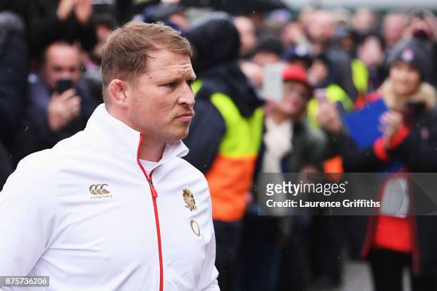 Dylan Hartley of England arrrives at the stadium prior to the Old Mutual Wealth Series match between England and Australia at Twickenham Stadium on...