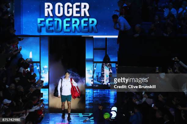 Roger Federer of Switzerland walks out prior to the Singles Semi Final match against David Goffin of Belgium day seven of the Nitto ATP World Tour...