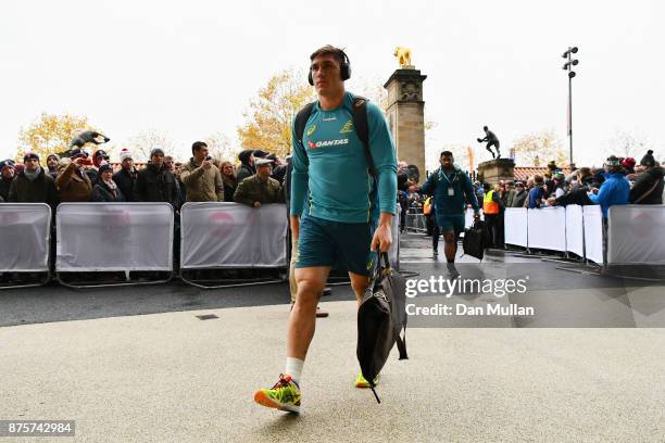 Sean McMahon of Australia arrives at the stadium prior to the Old Mutual Wealth Series match between England and Australia at Twickenham Stadium on...