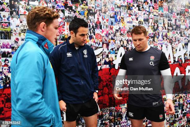 Michael Hooper of Australia and Dylan Hartley of England toss the coin prior to the Old Mutual Wealth Series match between England and Australia at...