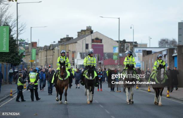 Mounted police are seen outside the stadium prior to the Premier League match between Burnley and Swansea City at Turf Moor on November 18, 2017 in...
