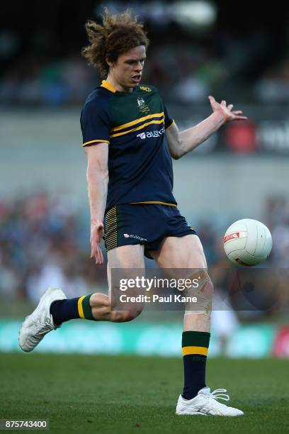 Ben Brown of Australia kicks on goal during game two of the International Rules Series between Australia and Ireland at Domain Stadium on November...