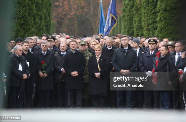 President of Croatia Kolinda Grabar-Kitarovic and Croatian Prime Minister Andrej Plenkovic attend a commemoration ceremony on the 26th anniversary of...