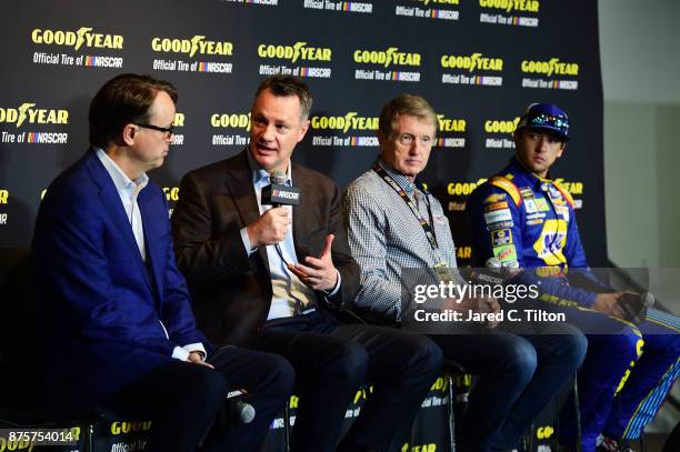 President Brent Dewar, Goodyear President and CEO Rich Kramer, NASCAR Hall of Famer Bill Elliott and 2014 NXS Champion Chase Elliott attend a press...