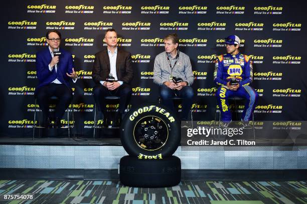 President Brent Dewar, Goodyear President and CEO Rich Kramer, NASCAR Hall of Famer Bill Elliott and 2014 NXS Champion Chase Elliott attend a press...