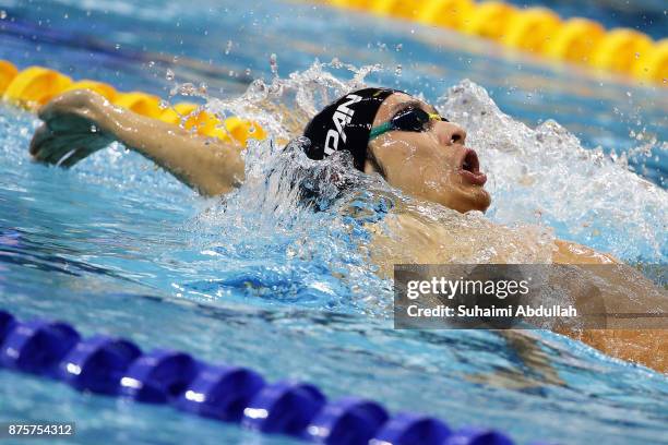 Irie Ryosuke of Japan competes in the men's 100m Backstroke final during the FINA Swimming World Cup at OCBC Aquatic Centre on November 18, 2017 in...