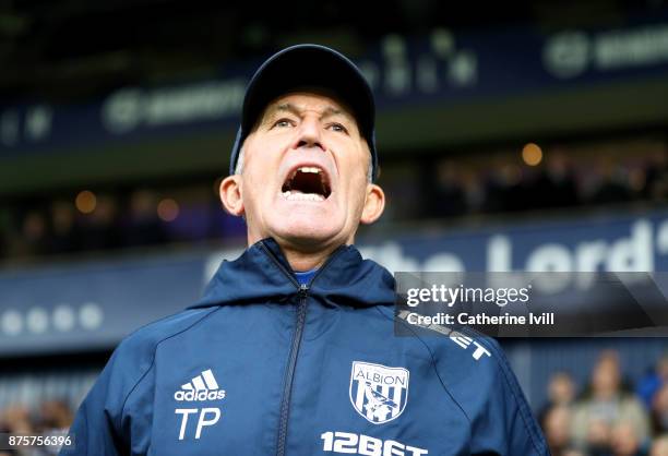 Tony Pulis, Manager of West Bromwich Albion looks on prior to the Premier League match between West Bromwich Albion and Chelsea at The Hawthorns on...