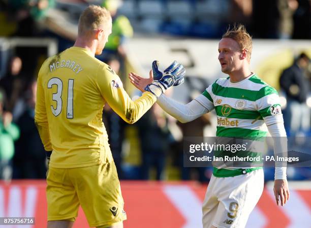 Celtic's Leigh Griffiths shakes hands with Ross County's goalkeeper Aaron McCarey after the Ladbrokes Scottish Premiership match at the Global Energy...