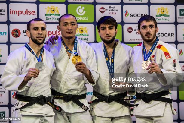 Under 66kg medallists L-R: Silver; Yakub Shamilov of Russia, Gold; Baskhuu Yondonperenlei of Mongolia, Bronzes; Islam Khametov of Russia and Alberto...
