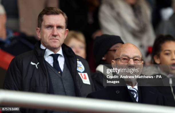 Sir Patrick Stewart and Huddersfield Town chairman Dean Hoyle in the stands before kick off in the Premier League match at the Vitality Stadium,...