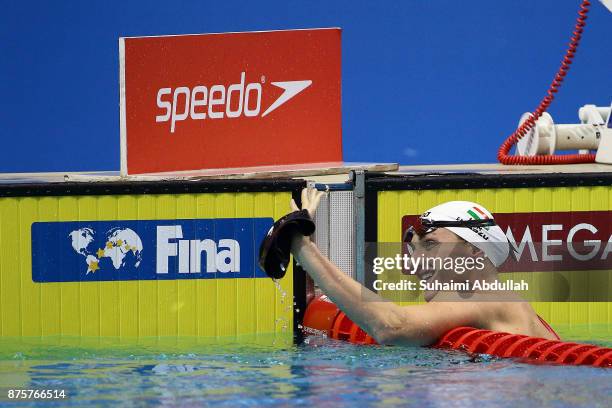 Katinka Hosszu of Hungary waves to her fans after competing in the women's 200m Backstroke final during the FINA Swimming World Cup at OCBC Aquatic...