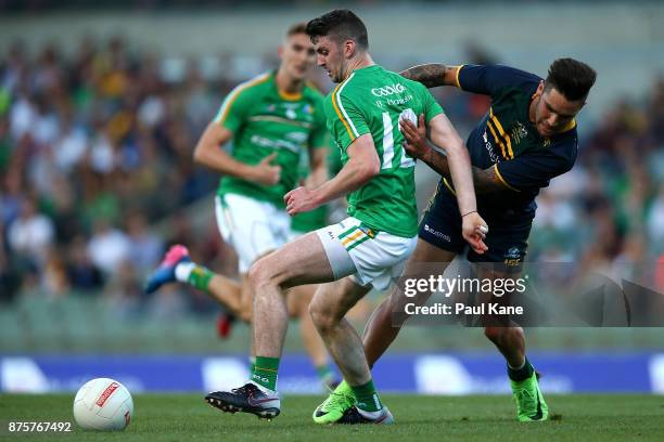 Brendan Harrison of Ireland and Chad Wingard of Australia contest for the ball during game two of the International Rules Series between Australia...
