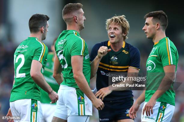 Rory Sloane of Australia remonstrates with Killian Clarke of Ireland during game two of the International Rules Series between Australia and Ireland...