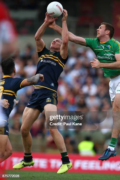 Nathan Fyfe of Australia marks the ball during game two of the International Rules Series between Australia and Ireland at Domain Stadium on November...