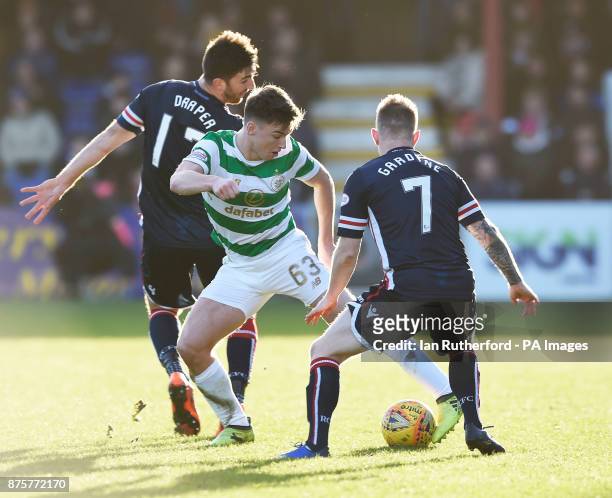Celtic's Kieran Tierney beats Ross County players Ross Draper and Michael Garden during the Ladbrokes Scottish Premiership match at the Global Energy...