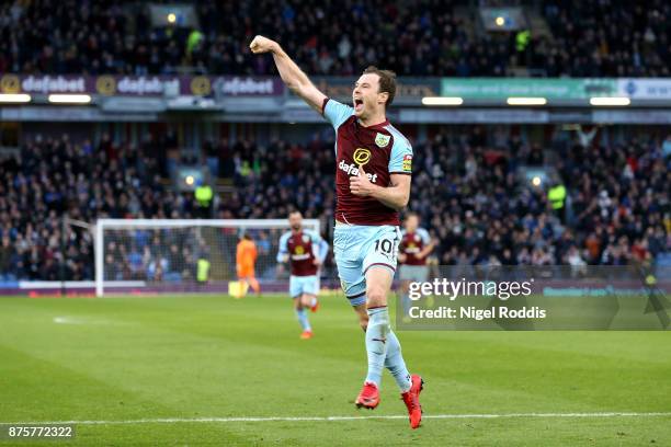 Ashley Barnes of Burnley celebrates scoring his side's second goal during the Premier League match between Burnley and Swansea City at Turf Moor on...