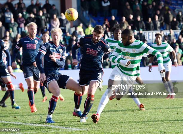 CelticÕs Olivier Ntcham heads for goal as he is challenged by Ross CountyÕs Jason Naismith during the Ladbrokes Scottish Premiership match at the...