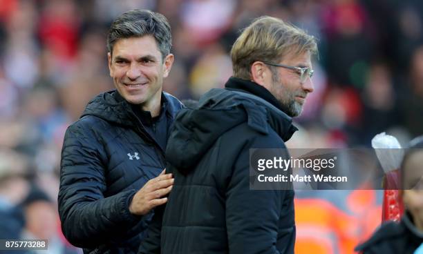 Southampton manager Mauricio Pellegrino and Jurgen Klopp during the Premier League match between Liverpool and Southampton at Anfield on November 18,...