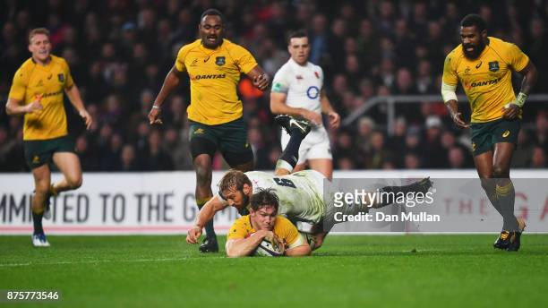 Michael Hooper of Australia goes over to score a try but it is disallowed during the Old Mutual Wealth Series match between England and Australia at...