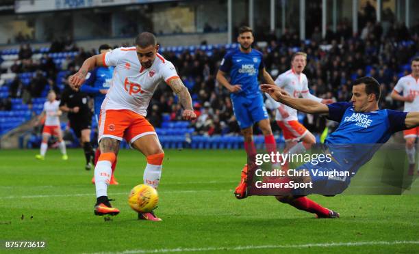 Blackpool's Kyle Vassell scores the opening goal during the Sky Bet League One match between Peterborough United and Blackpool at ABAX Stadium on...