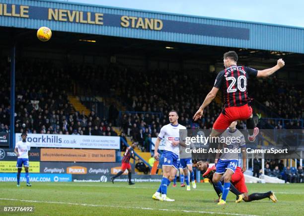 Blackburn Rovers' Marcus Antonsson scores his side's second goal during the Sky Bet League One match between Bury and Blackburn Rovers at Gigg Lane...