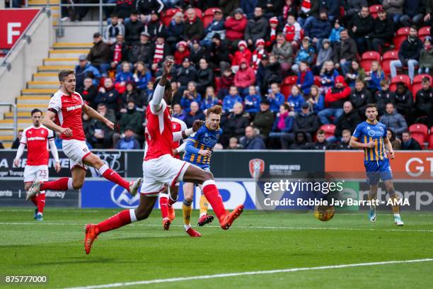 Joe Nolan of Shrewsbury Town scores a goal to make it 0-1 during the Sky Bet League One match between Rotherham United and Shrewsbury Town at The New...