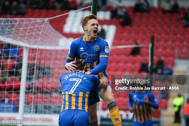 Joe Nolan of Shrewsbury Town celebrates after scoring a goal to make it 0-1 during the Sky Bet League One match between Rotherham United and...