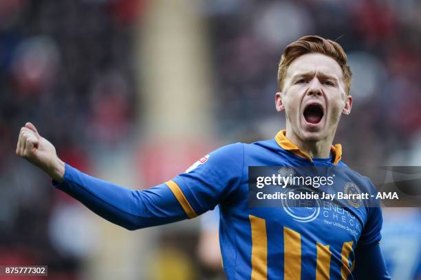 Joe Nolan of Shrewsbury Town celebrates after scoring a goal to make it 0-1 during the Sky Bet League One match between Rotherham United and...