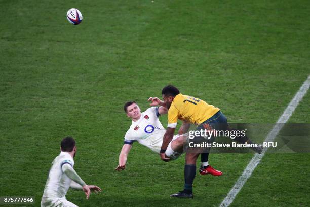 Owen Farrell of England is tackled by Samu Kerevi of Australia during the Old Mutual Wealth Series match between England and Australia at Twickenham...