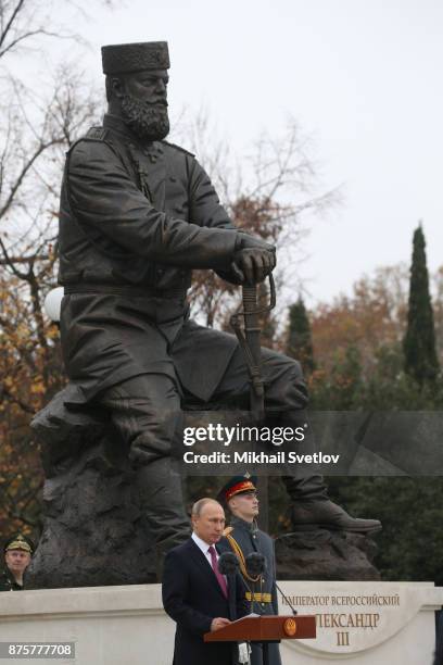 Russian President Vladimir Putin speaks during an opening ceremony of the monument to Emperor Alexander III of Russia at Livadia Palace on November...