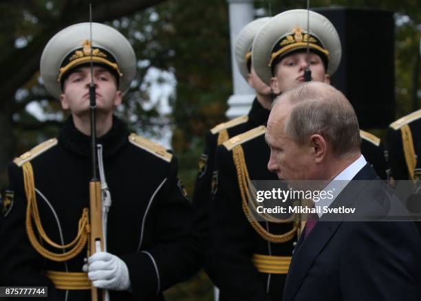 Russian President Vladimir Putin attends an opening ceremony of the monument to Emperor Alexander III of Russia at Livadia Palace on November 18,...