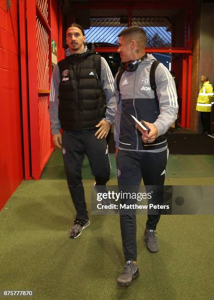 Zlatan Ibrahimovic and Marcos Rojo of Manchester United arrive ahead of the Premier League match between Manchester United and Newcastle United at...