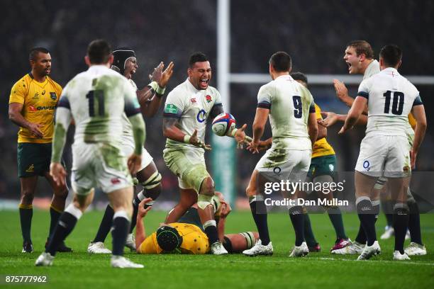 Nathan Hughes of England celebrates a turnover with team mates during the Old Mutual Wealth Series match between England and Australia at Twickenham...