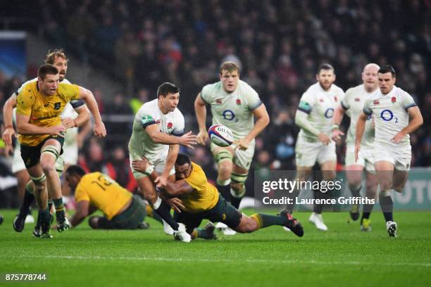 Ben Youngs of England offloads during the Old Mutual Wealth Series match between England and Australia at Twickenham Stadium on November 18, 2017 in...