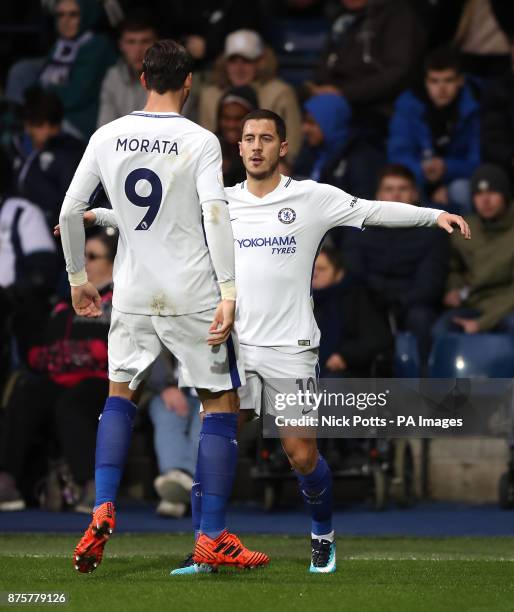 Chelsea's Eden Hazard celebrates scoring his side's second goal of the game with Alvaro Morata during the Premier League match at The Hawthorns, West...