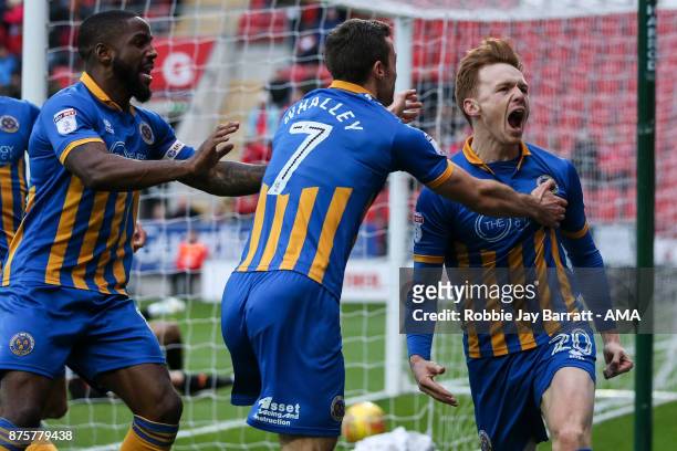 Joe Nolan of Shrewsbury Town celebrates after scoring a goal to make it 0-1 during the Sky Bet League One match between Rotherham United and...