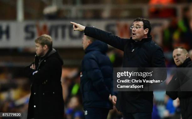Blackpool manager Gary Bowyer shouts instructions to his team from the technical area during the Sky Bet League One match between Peterborough United...