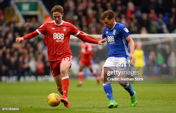 Barrie McKay of Nottingham Forest and Stephen Gleeson of Birmingham City in action during the Sky Bet Championship match between Birmingham City and...