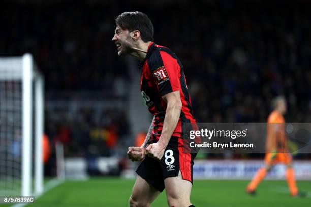 Harry Arter of AFC Bournemouth celebrates scoring his side's third goal during the Premier League match between AFC Bournemouth and Huddersfield Town...