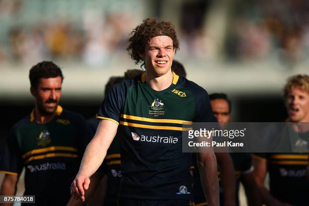 Ben Brown of Australia walks from the field at the half time break during game two of the International Rules Series between Australia and Ireland at...