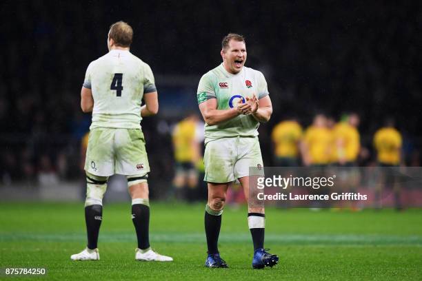 Dylan Hartley of England celebrates England's first try being awarded during the Old Mutual Wealth Series match between England and Australia at...