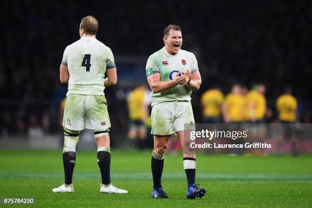 Dylan Hartley of England celebrates England's first try being awarded during the Old Mutual Wealth Series match between England and Australia at...