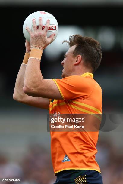 Brendon Goddard of Australia marks the ball during game two of the International Rules Series between Australia and Ireland at Domain Stadium on...