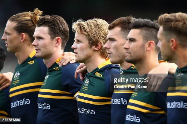 Rory Sloane of Australia looks on as the national anthems are sung during game two of the International Rules Series between Australia and Ireland at...