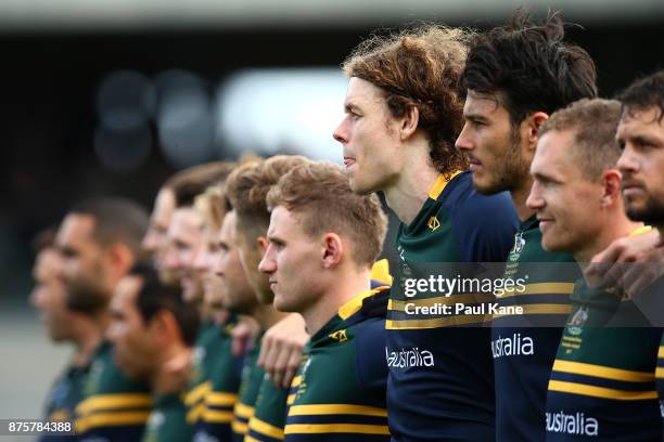 Ben Brown of Australia looks on as the national anthems are sung during game two of the International Rules Series between Australia and Ireland at...