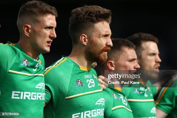 Zach Tuohy of Ireland looks on as the national anthems are sung during game two of the International Rules Series between Australia and Ireland at...