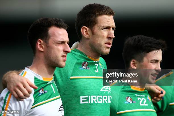 Gary Brennan of Ireland looks on as the national anthems are sung during game two of the International Rules Series between Australia and Ireland at...