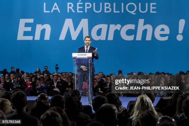 Newly elected leader of the Republic on the Move Christophe Castaner speaks during the council of the LREM party at Eurexpo Lyon on November 18, 2017.