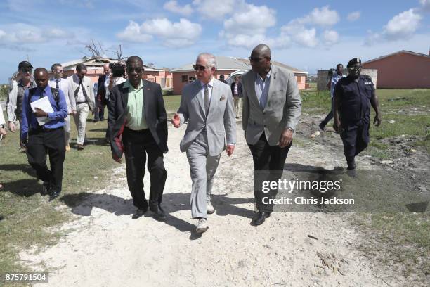 Prince Charles, Prince of Wales visits the Holy Trinity School on November 18, 2017 in Codrington, Barbuda. The Prince of Wales is on a three day...